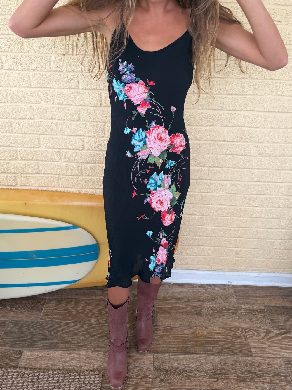 Angie Black Midi Slip Dress with Pink Rose & Aqua Floral Print, Size Small